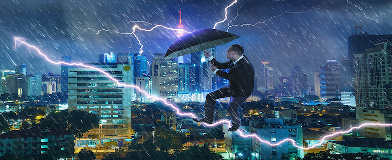 young businessman with umbrella against thunderstorm overcoming challenges and crisis SBI 301985594